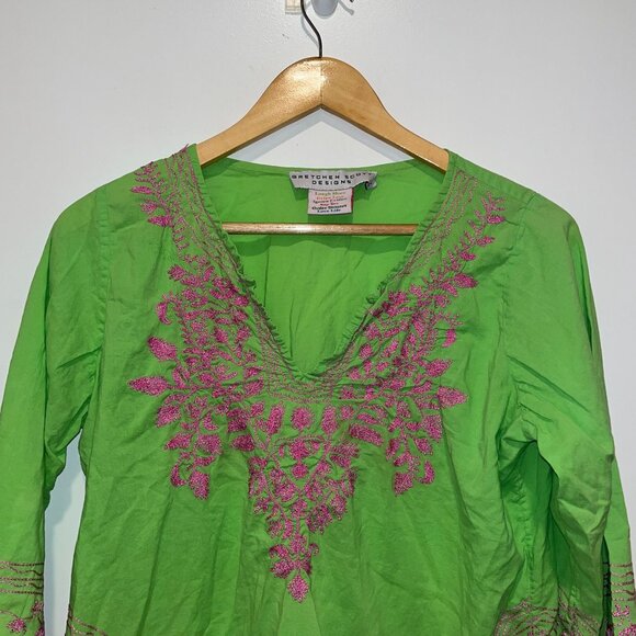 Gretchen Scott Green Cotton Tunic Top Embroidered V-Neck 3/4 Sleeves L boho - Picture 3 of 10